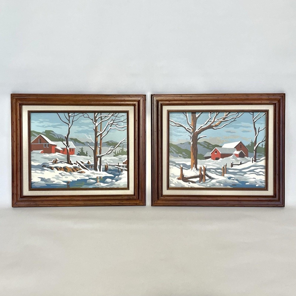 Pair Vintage Paint by Number Winter Red Barn Snow Landscape Framed 11x13